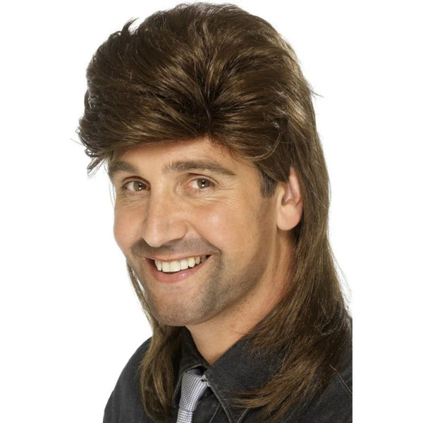 Brown mullet wig with short top and long back for 80s retro costumes