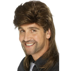 Brown mullet wig with short top and long back for 80s retro costumes