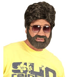 Man wearing Brown Player Wig and Beard Set for a 70s retro costume
