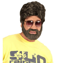 Brown Player Wig and Beard Set with thick retro hair, full beard and moustache