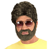 Brown Player Wig and Beard Set with thick retro hair, full beard and moustache