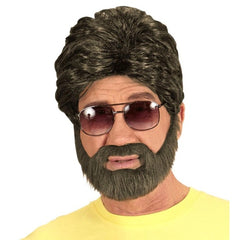 Brown Player Wig and Beard Set with thick retro hair, full beard and moustache