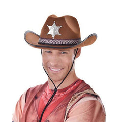 Brown adult sheriff hat with silver badge and chin strap, ideal for cowboy or western costumes