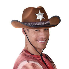 Brown adult sheriff hat with silver badge and chin strap, ideal for cowboy or western costumes