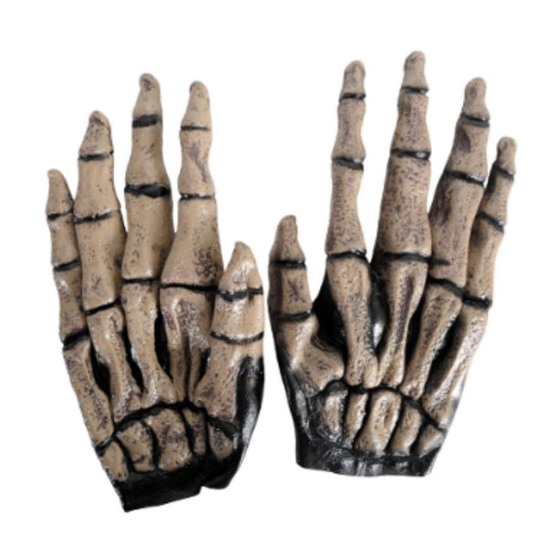 Brown skeleton gloves with raised bone detailing and long pointed fingertips