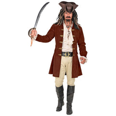 Brown suede adult pirate coat with wide cuffs and military-style trim, paired with ivory pirate shirt