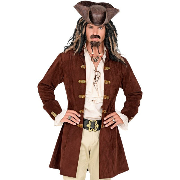 Brown suede adult pirate coat with wide cuffs and military-style trim, paired with ivory pirate shirt