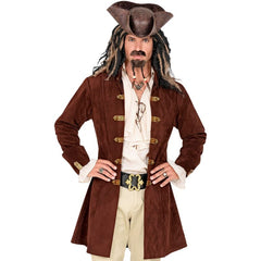 Brown suede adult pirate coat with wide cuffs and military-style trim, paired with ivory pirate shirt