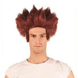Brown Ventura wig, with side burns and hair is standing on end.