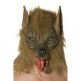 Adult brown wolf mask with realistic fur and snarling teeth for Halloween, Big Bad Wolf and animal costumes.