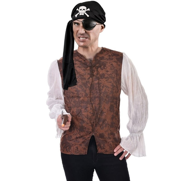 Men’s buccaneer pirate shirt with brown vest and white sleeves perfect for Talk Like a Pirate Day