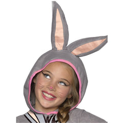 Bugs Bunny Girls Hooded Costume, long sleeve dress with bugs image on bodice, attached hood with ears and tutu skirt.
