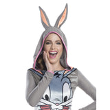 Close-up of character print and 3D bunny ears – adult Bugs Bunny tutu costume.