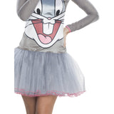 Close up of print on dress and tutu style dress - adult Bugs Bunny tutu costume.