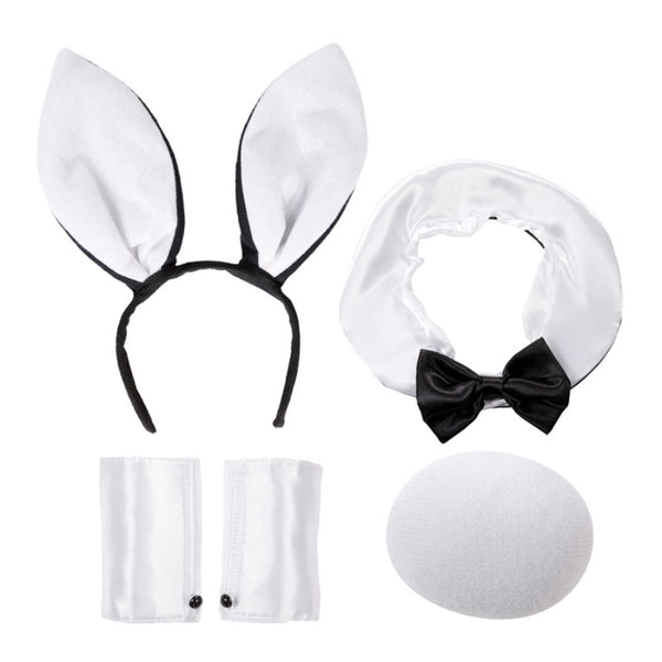 White bunny accessory set with rabbit ears, bow tie collar, tail and cuffs for Easter and costume parties