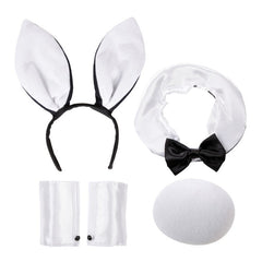 White bunny accessory set with rabbit ears, bow tie collar, tail and cuffs for Easter and costume parties