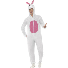 Bunny adult costume in white with pink tummy and ears, zip-up jumpsuit with attached hood