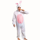 Bunny Adult Jumpsuit Costume, white jumpsuit with pink tummy and face and ears on hood.