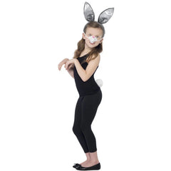Grey bunny ears on a headband, a nose with elastic to attach, and a fluffy white tail.
