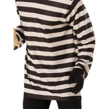 Burglar Costume – close-up of black and white striped long sleeve top and black cotton gloves for a classic robber look.