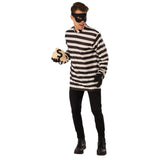 Burglar Costume – adult-sized outfit featuring a long sleeve black and white striped top paired with a classic black eye mask for a simple and fun thief look.