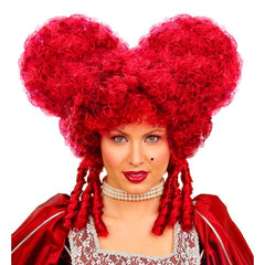 Burgundy baroque queen wig with curled heart-shaped styling and ringlets