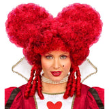 Burgundy baroque queen wig with curled heart-shaped styling and ringlets