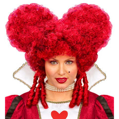 Burgundy baroque queen wig with curled heart-shaped styling and ringlets