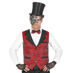 Burgundy jacquard vintage vest with black lapels, pocket tabs and black back