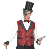 This burgundy jacquard vintage vest is worn with steampunk accessories