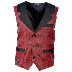 Burgundy jacquard vintage vest with black lapels, pocket tabs and black back