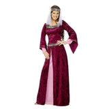 Side profile of burgundy Maid Marian outfit highlighting sleeve detail and veil length.