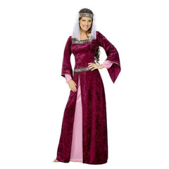 Burgundy Maid Marion Costume featuring a dress with braid detail and matching headpiece with veil, ideal for medieval-themed events.