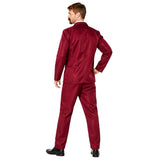 Rear view of burgundy newsreader suit costume showing jacket and trousers
