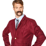 Burgundy jacket, blue shirt and large brown moustache