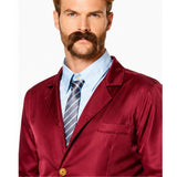 Close-up of burgundy retro newsreader suit with tie, jacket and moustache detail
