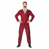 Burgundy Newsreader Suit with jacket, trousers, tie, wig, and moustache.