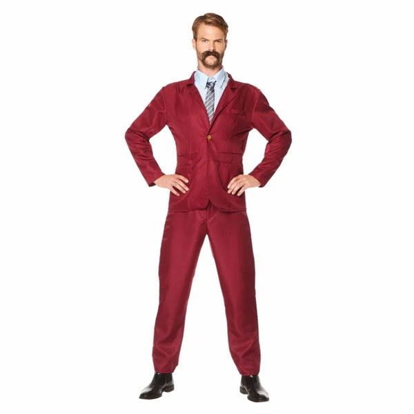 Burgundy Newsreader Suit with jacket, trousers, tie, wig, and moustache.