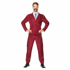 Burgundy Newsreader Suit with jacket, trousers, tie, wig, and moustache.