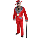 Burgundy pimp suit with zebra collar, cuffs, pants trim, and matching hat