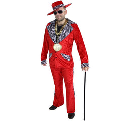 Burgundy pimp suit with zebra collar, cuffs, pants trim, and matching hat