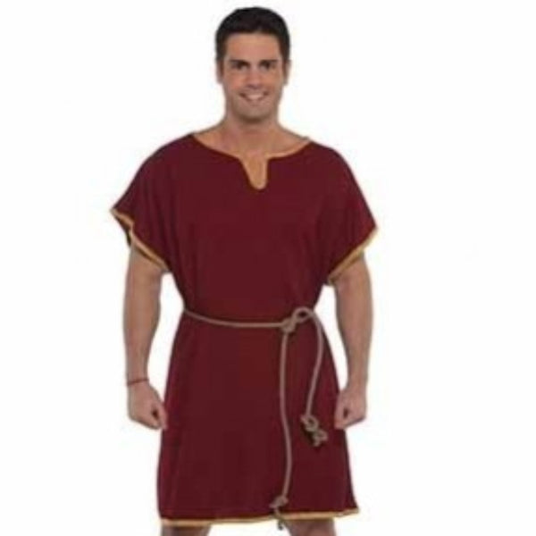 Burgundy roman mens tunic with gold trim and cord.