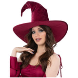Burgundy velour pointed witch hat for Halloween, wicked witch, or fairy-tale costumes
