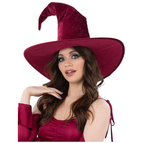 Burgundy velour pointed witch hat for Halloween, wicked witch, or fairy-tale costumes
