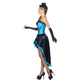 Burlesque Dancer Costume, Blue corset and black and blue skirt.