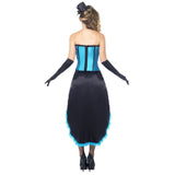 Burlesque Dancer Costume, Blue corset and black and blue skirt.