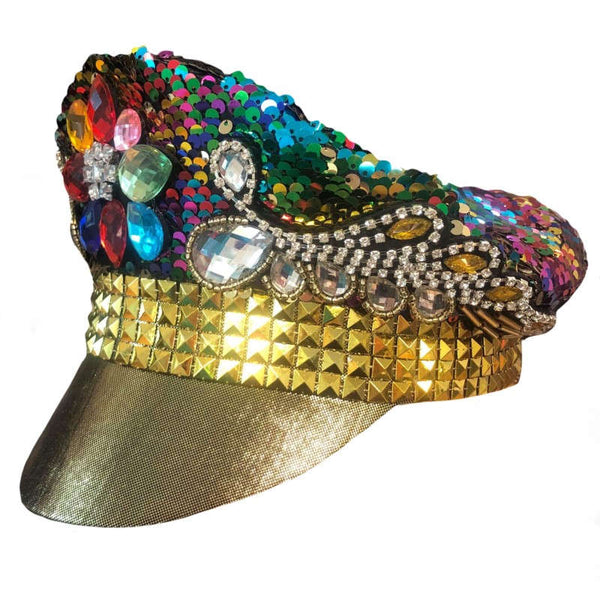 Burning Man - Sequined Festival Hat Rainbow. sequin cap with large coloured diamante accents in the centre, silver detail at sides and gold band and peak.