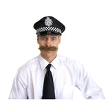 Person wearing a police uniform with a large mustache on a white background