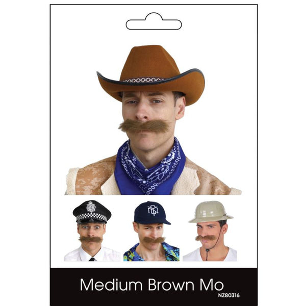 Wide brown self-adhesive costume moustache for comedy or character dress-ups