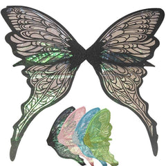 A pair of large butterfly wings with black lace-like outlines and iridescent green, blue, pink, and green sections, shown on a plain white background with smaller folded views below.